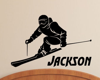 Skier Wall Decal with Personalized Name - Custom Vinyl Name Decal Stickers for Boys Room