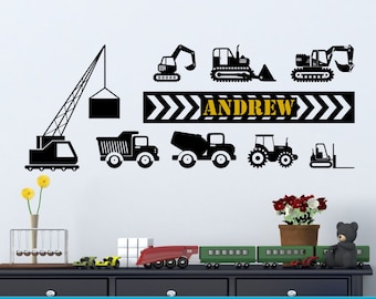Construction Trucks Personalized Name Wall Decal for Boys Room | Removable, Damage-Free Vinyl Decal