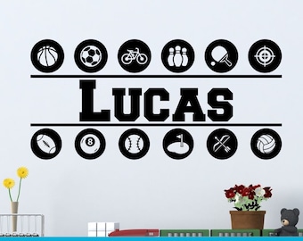 Personalized Sports Icons Vinyl Wall Decal - Custom Name Sticker