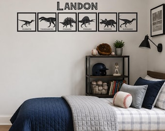 Dinosaur Wall Decal Tiles | 6 Dinosaur Types | Personalized Name Boys Bedroom Decor Squares