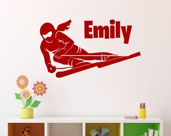 Personalized Girl Skier Vinyl Wall Decal: Custom Name Stickers