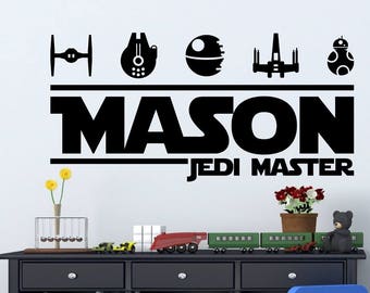 May include: Black and white wall decal with the text "MASON JEDI MASTER" and Star Wars themed icons including a TIE fighter, a Death Star, a Millenium Falcon, and R2-D2.