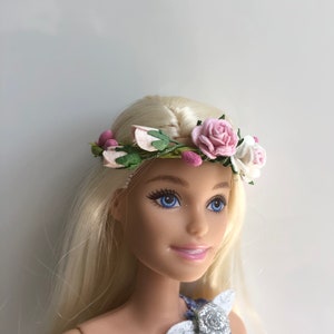 Doll flower crown, pink and white flower crown, fashion doll attribute, cute miniature headpiece, miniature crown