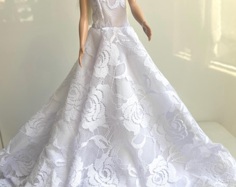 Doll wedding dress, fashion doll bridal dress, white lace or tulle dress with veil, 11.5” doll bride dress