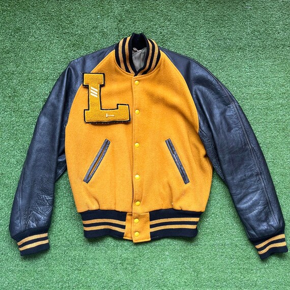 60s Letterman College Varsity Leather Mustard Yellow Jacket Etsy