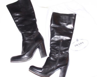 Prada vintage black leather chunky mid-calf boot