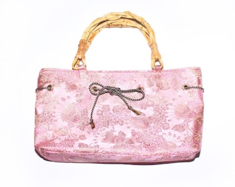 Fiona Lang pink floral satin bamboo handle l handbag