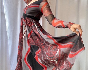 Jean Paul Gaultier Soleil 90’s babydoll red gray paisley mesh dress