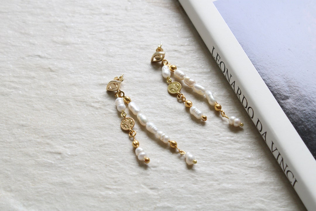 Orecchini Pendenti Con Perle D'acqua Dolce, Placcati In Oro - Foto 4