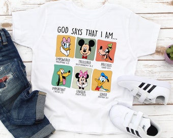 Camisetas de los días de Dios, soy Mickey, camiseta de Dios para niños y niñas, camiseta personalizada de Dios para bebés, camiseta de Mickey y Minnie con el mensaje "Dios dice que soy Mickey"