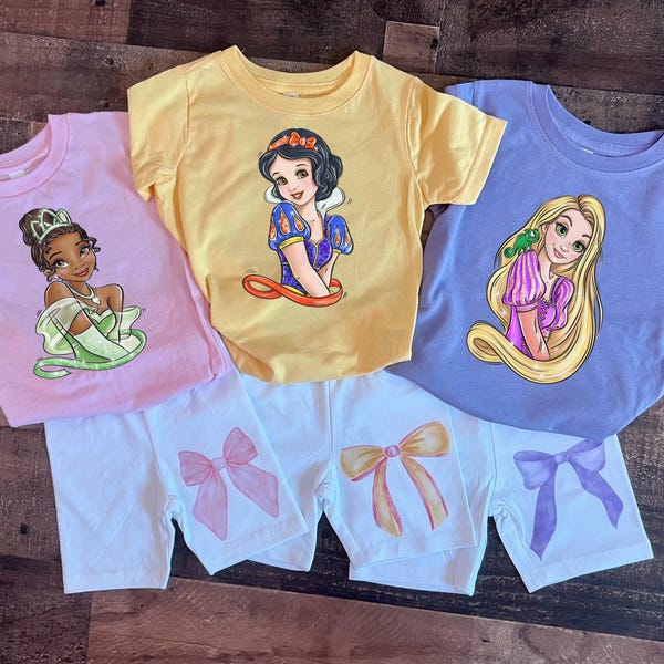 Princess Girls Set, Tiana, Ariel Biker tshirt, Birthday Toddler Disneyworld Cute Short, Moana Disney Outfit, Custom Princess Sibling