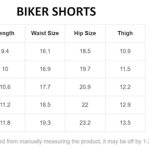 May include: Size chart for biker shorts in sizes 2Y to 6Y. The chart shows measurements in inches for length, waist, hip, and thigh.
