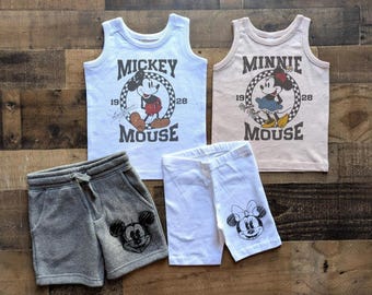 Retro Mouse Kid Set, Boys Girls Disney Shirt Shorts, Mickey Minnie Summer Tank, DisneyWorld Tank Top, Toddler WDW Disneyland