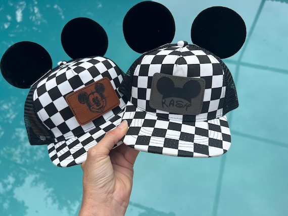 Boys Mickey Checkered hat, Retro Black White Mickey ears hat, WDW Mom Dad Flat Bill Cap, Toddler Custom hat, Kids DL Trucker, Modern Vibe