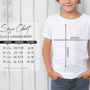 Peut inclure: Tableau des tailles pour les t-shirts pour enfants Bella + Canvas 3001Y. Le tableau indique la largeur et la longueur en pouces pour chaque taille, de YS &agrave; YXL, ainsi que la tranche d'&acirc;ge correspondante. Les mesures peuvent varier l&eacute;g&egrave;rement.