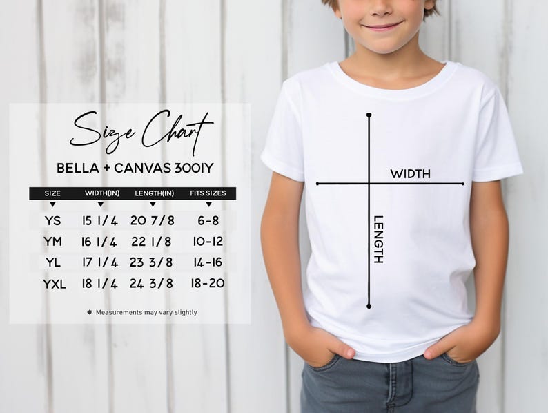 Peut inclure: Tableau des tailles pour les t-shirts pour enfants Bella + Canvas 3001Y. Le tableau indique la largeur et la longueur en pouces pour chaque taille, de YS &agrave; YXL, ainsi que la tranche d'&acirc;ge correspondante. Les mesures peuvent varier l&eacute;g&egrave;rement.