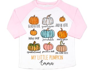 camisa infantil de outono, camisa infantil de abóbora 2020, top de abóbora para meninas, camisa de abóbora de manga comprida, camisa de abóboras diferentes