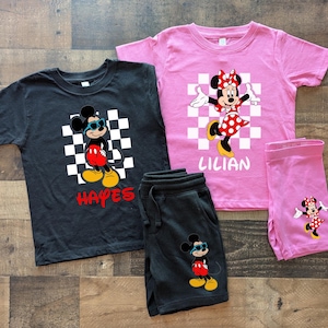 チェック柄ミッキーミニーセット、男の子と女の子の兄弟ディズニー、幼児用マッチングバイカーショーツ、クールなレトロディズニーショーツセット、WDWキッズシャツ
