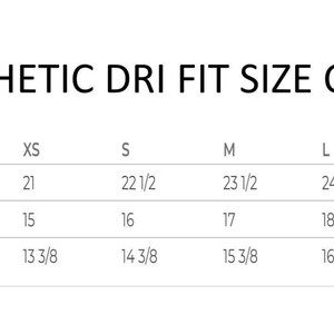 May include: A white size chart for kids' athletic Dri-Fit clothing. The chart includes measurements for body length, chest width, and sleeve length in inches for sizes XS to XL. The text "KIDS ALTHETIC DRI FIT SIZE CHART" is at the top.