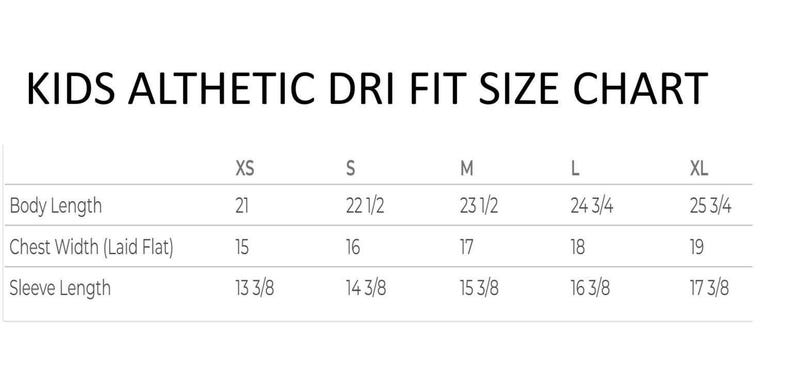 May include: A white size chart for kids' athletic Dri-Fit clothing. The chart includes measurements for body length, chest width, and sleeve length in inches for sizes XS to XL. The text "KIDS ALTHETIC DRI FIT SIZE CHART" is at the top.