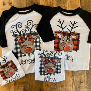 kids christmas shirt, holiday toddler shirt, baby christmas shirt, plaid christmas shirt, deer christmas shirt, deer raglan, personalized