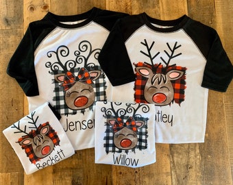 kids christmas shirt, holiday toddler shirt, baby christmas shirt, plaid christmas shirt, deer christmas shirt, deer raglan, personalized
