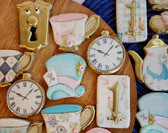 Alice in Wonderland Sugar Cookies: Mad Hatter Tea Party Favors, ONEderland birthday, whimsical, Queen of Hearts, bridal shower, baby shower