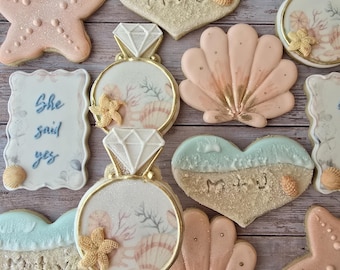 Beach Wedding Engagement decorated Sugar Cookies, beaches and boots, Life's a beach, ring shell, boot, heart, names in the sand