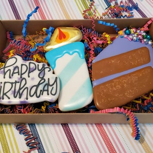 May include: A gift box with decorated sugar cookies. The cookies feature a candle, a cake slice, and a cookie with the words "Happy Birthday". The cookies are decorated with blue, white, purple, and brown icing. The box is filled with colourful paper shreds.
