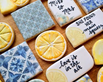 Amalfi Tiles and Lemons Sugar Cookies , Italian Coastal theme for bridal, baby shower or birthday, Mediterranean, Positano, Greece, citrus