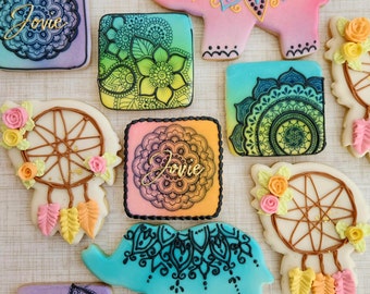 Boho Decorated Cookies: Elephant, Dream Catcher, Mendi - One Dozen