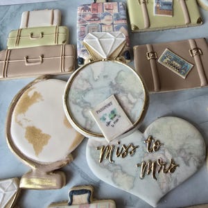 Traveling From Miss to Mrs Wedding Sugar Cookies: Bridal Shower Favors, Adventure Awaits, Our journey begins Love is a journey boarding pass