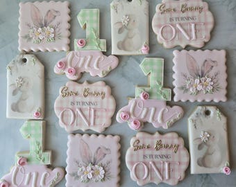 Some Bunny Is Turning One Cookies, Bunny First Birthday sugar cookies, a little bunny is on their way, Floral cookies