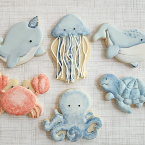 Under the Sea Sugar Cookies, ONEder the sea, Ocean Animal Party Favors, Watercolor Nautical theme, Whale, Narwhal, Octopus, turtle jellyfish