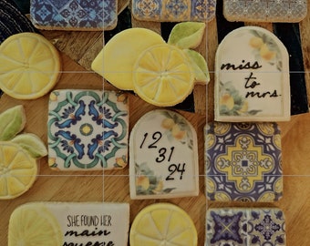 Amalfi Tiles and Lemons Sugar Cookies, Wedding, Bridal Shower, Baby Shower, Birthday