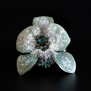 Handmade Bead Embroidered Flower Barrette: Crystal & Pearl Hair Clip