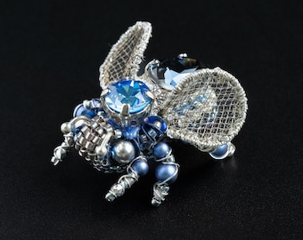 Handmade beaded bee brooch. Miniature insect brooch pin. Blue boho embroidered bug brooch pin