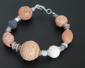 Artisan terracotta boho silver bracelet. Brown bracelet.  Clay bracelet. Gift for her.