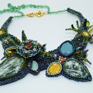 Austrian Crystals Bead Embroidery Necklace. Seraphinit Beadveawing Necklace. statement Collar Necklace. Mother day gift from daughter in law