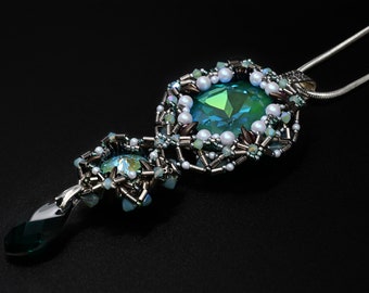 Handmade Bead Embroidered Necklace: Austrian Crystal Pendant
