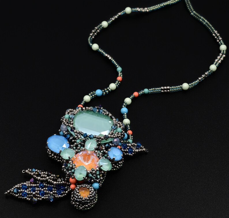 Bead Embroidery Necklace. Handmade Necklace. Beaded Pendant - Etsy