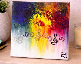 Colorful Music Note Canvas Wall Art Music Lover Gift Music Teacher Gift Handmade Painting Music Room Decor Treble Clef Art Gift For Musician