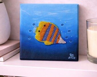Handmade Beaded Fish Painting Tropical Fish Wall Art Beaded Canvas Art Ocean Wall Decor Beach House Decor Unique Gift For Ocean Lovers