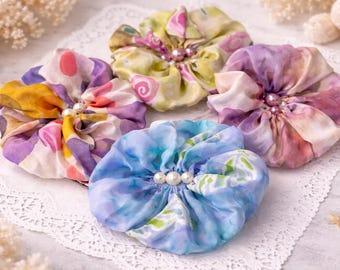 Handmade hand painted Silk Fabric Flower Colorful Floral Hair Clip Pearl Center Corsage  Pin Cottagecore Boho Vintage Unique Gift For Women