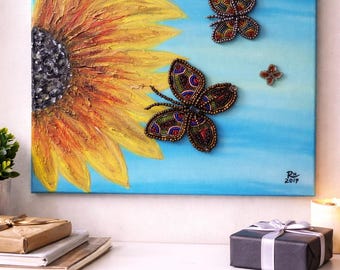 Sunflower And Butterfly Canvas Wall Art For Living Room And Bedroom Boho Cottagecore Floral Home Decor Gift For Nature Lovers