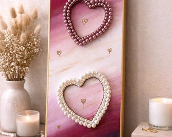 Pearl Heart Wall Art Pink Romantic Bedroom Wall Decor Heart Canvas Painting Coquette Wall Art Feminine Pink Bedroom Decor Gift For Her