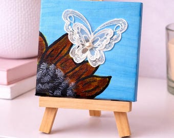 Mini Canvas Painting With Easel Butterfly Wall Art Original Handmade Gift For Her Blue Floral Mixed Media Art Butterfly Desk Decor