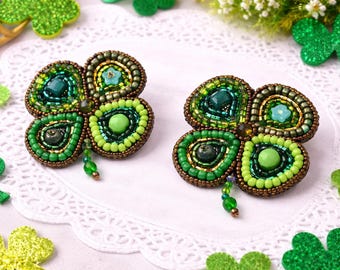 Handmade Beaded Brooch Gift For Her Seed Bead Brooch Pin Four Leaf Clover Brooch Lucky Charm Irish Shamrock Pin Women Gift