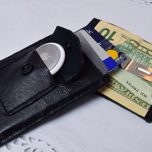 Handmade Black Leather Money Clip Wallet AirTag Card Holder Front Pocket Slim Minimalist Wallet for Men Gift Stocking Stuffer Christmas