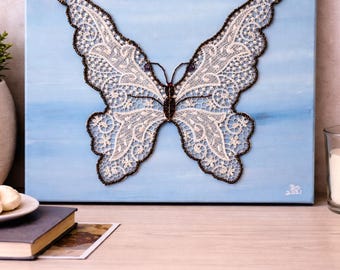 Lace Butterfly Canvas Painting Butterfly Canvas Wall Art Butterfly Gift For Women Butterfly Home Decor Blue Butterfly Bedroom Wall Art
